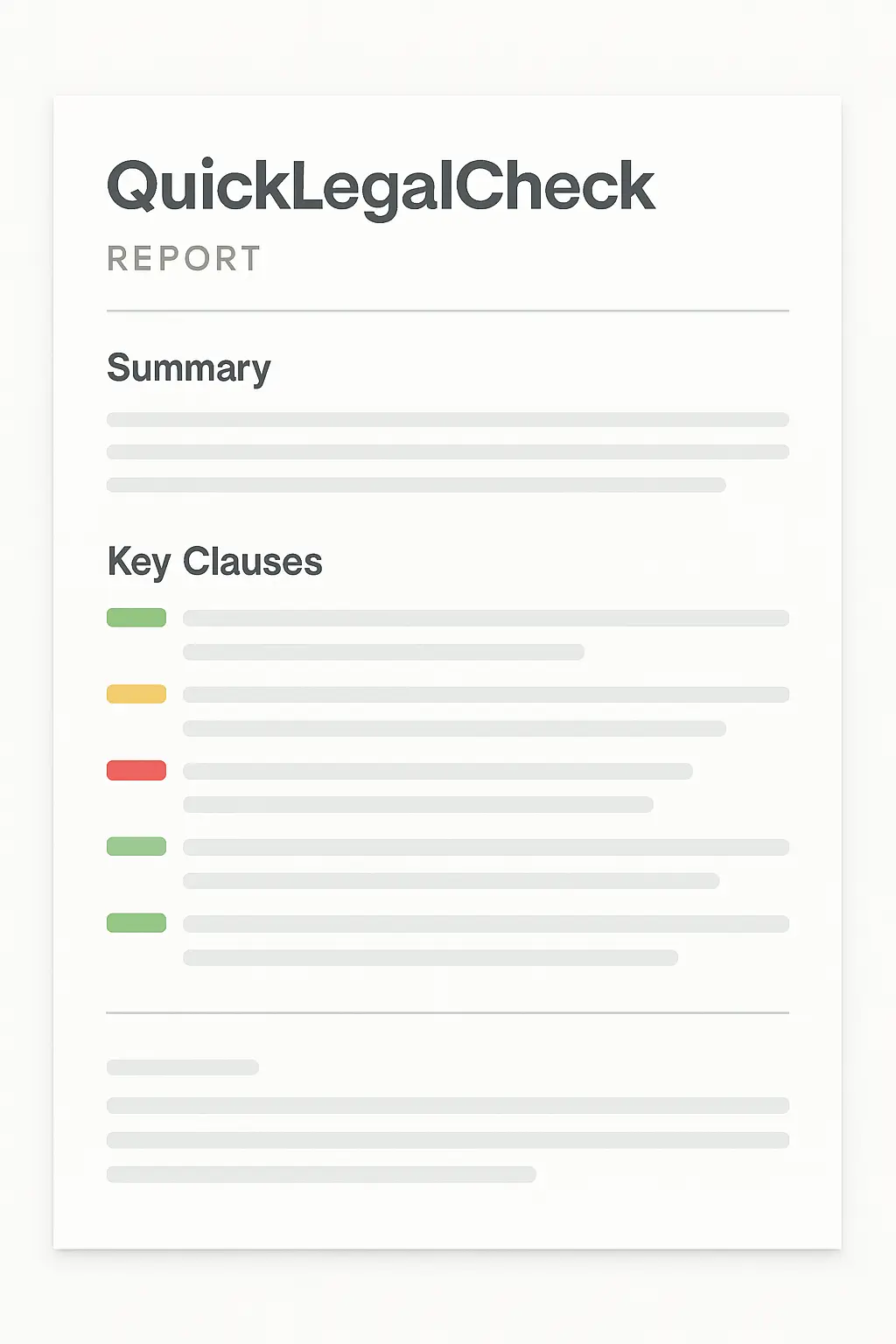 QuickLegalCheck sample report showing clause analysis with traffic light ratings